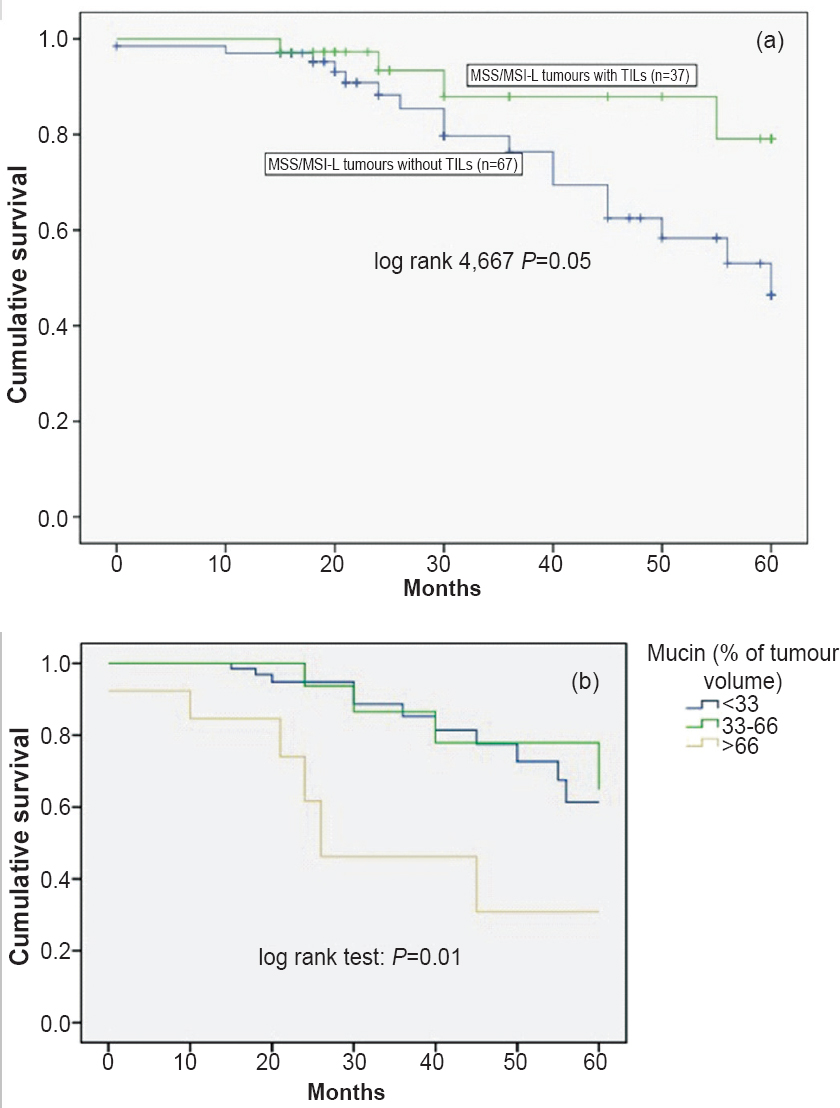 Pathological features and disease-specific survival of patients with stable microsatellite/low MSI (MSS/MSI-L) according to: (a) tumour-infiltrating lymphocytes (TILs); (b) mucin content.